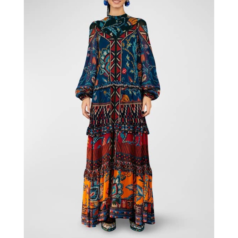 Farm Rio Anika Tapestry Tiered Navy Blue Maxi Dress Size Xl